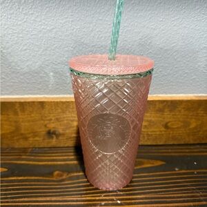 Starbucks Pink Textured Cold Cup with Green Straw